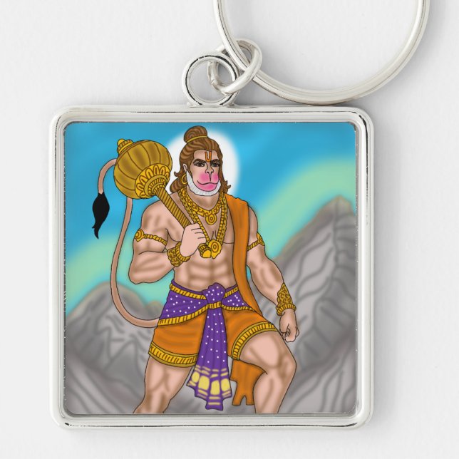 Lord Hanuman Keychain Fyrkantig Silverfärgad Nyckelring (Framsidan)