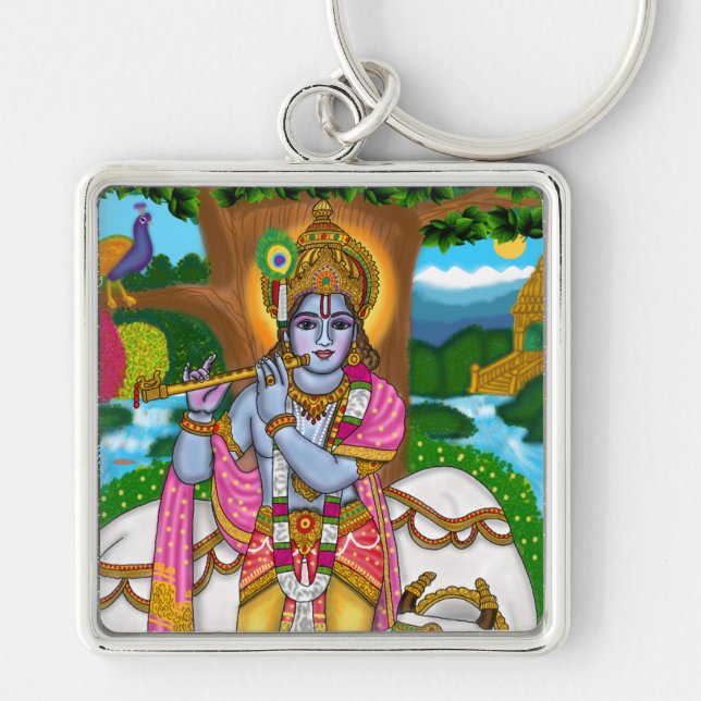 Lord Krishna Keychain Fyrkantig Silverfärgad Nyckelring (Framsidan)