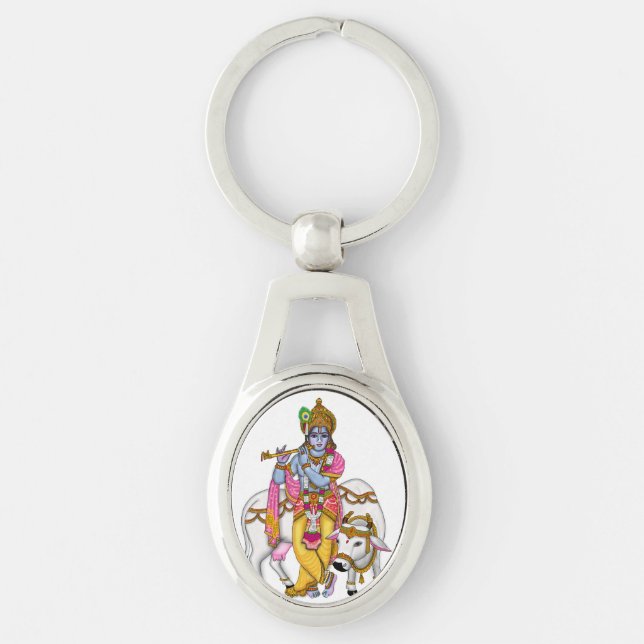 Lord Krishna Keychain Ovalt Silverfärgad Nyckelring (Framsidan)