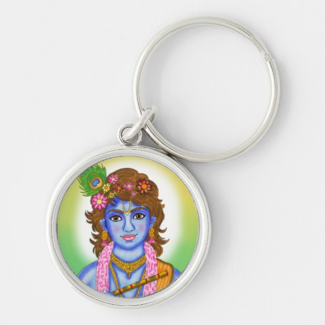 Lord Krishna Keychain Rund Silverfärgad Nyckelring (Framsidan)
