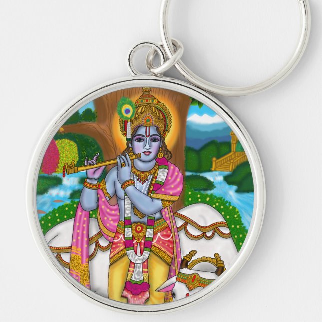 Lord Krishna Keychain Rund Silverfärgad Nyckelring (Framsidan)