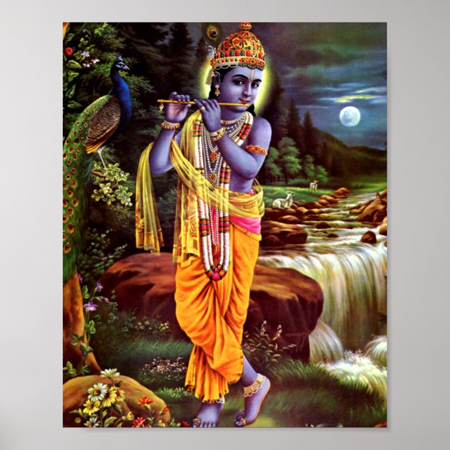 Lord Krishna med Flute Hindu God Poster (Framsidan)