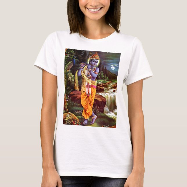 Lord Krishna med Flute Hindu God T Shirt (Framsida)