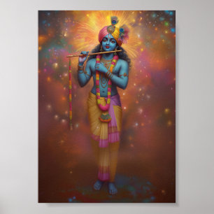 Lord Krishna Pastel Rainbow Fireworks Hindu Art Poster
