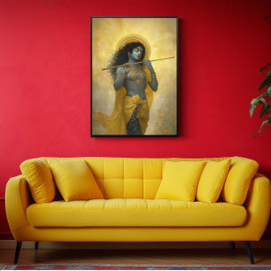 Lord Krishna som spelar Flute Golden Gult Art Poster