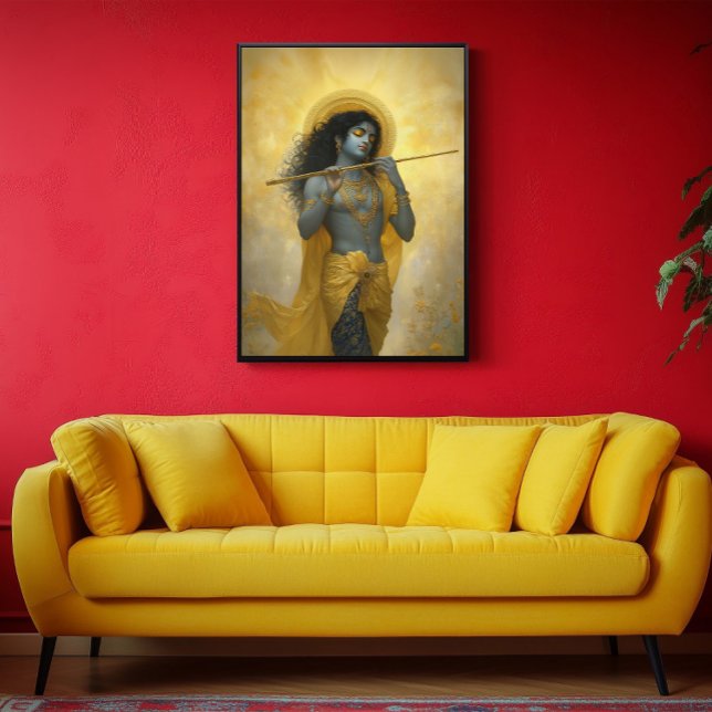 Lord Krishna som spelar Flute Golden Gult Art Poster (Skapare uppladdad)