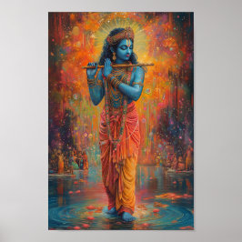 Lord Krishna spelar Flute Orange Blue Art Poster