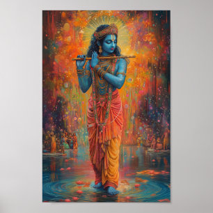 Lord Krishna spelar Flute Orange Blue Art Poster