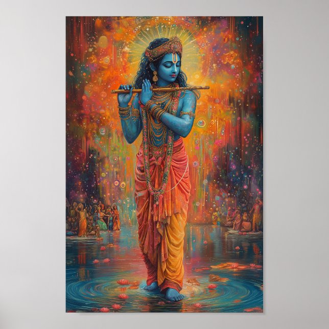 Lord Krishna spelar Flute Orange Blue Art Poster (Framsidan)