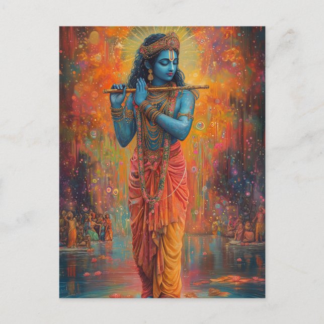 Lord Krishna spelar Flute Orange Blue Art Vykort (Framsida)