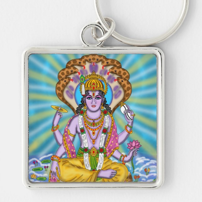 Lord Vishnu Keychain Fyrkantig Silverfärgad Nyckelring (Framsidan)