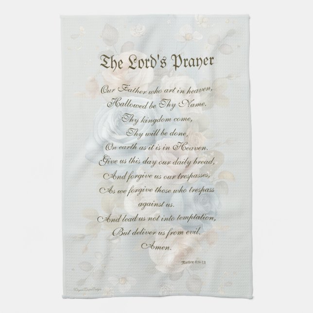 Lord's Prayer Kitchen Towel Blue Pastel Blommigt Kökshandduk (Vertikal)