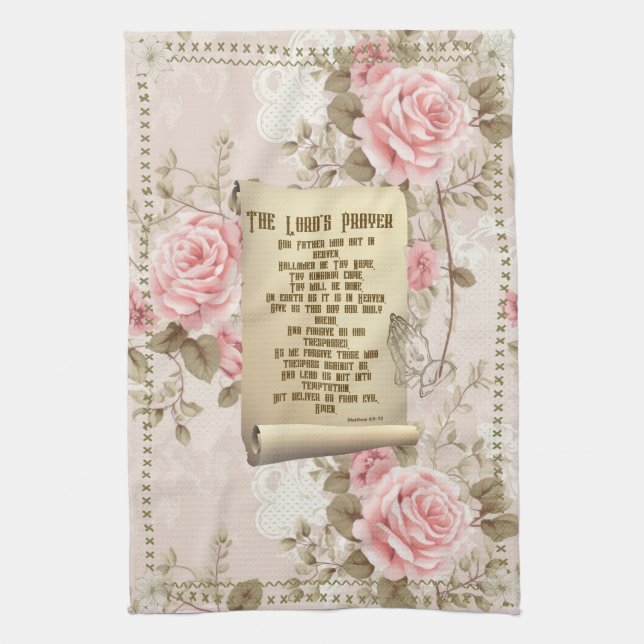 Lord's Prayer Kitchen Towel Rosa ros Kökshandduk (Vertikal)