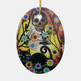 Lori Everett_ day of the dead, katt, skalle, Julgransprydnad Keramik