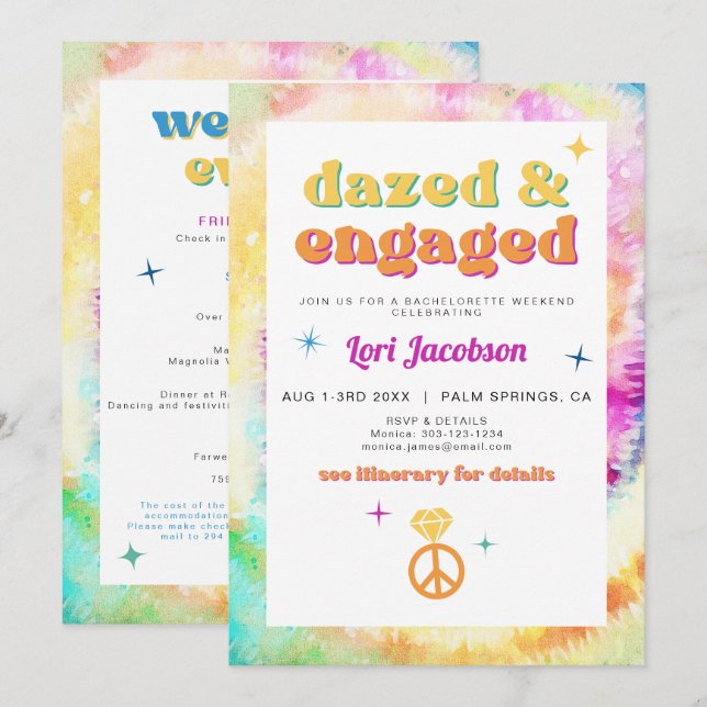 LORI Tie Dye Dazed Engaged 70s Retro Bachelorette  Inbjudningar (Fram/baksida)