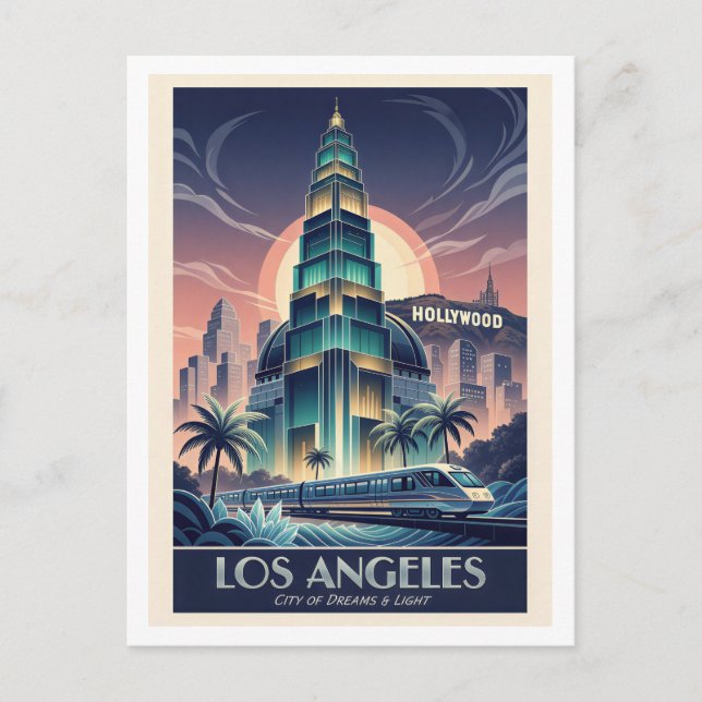 Los Angeles Art Deco Reseskylt – Färgglad AI Vykort (Framsida)