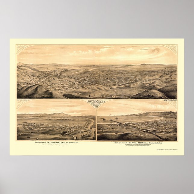 Los Angeles, CA Panoramic Karta - 1877 Poster (Framsidan)