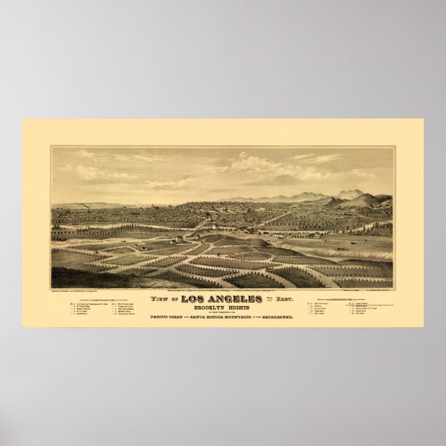 Los Angeles, CA Panoramic Karta - 1877 Poster (Framsidan)