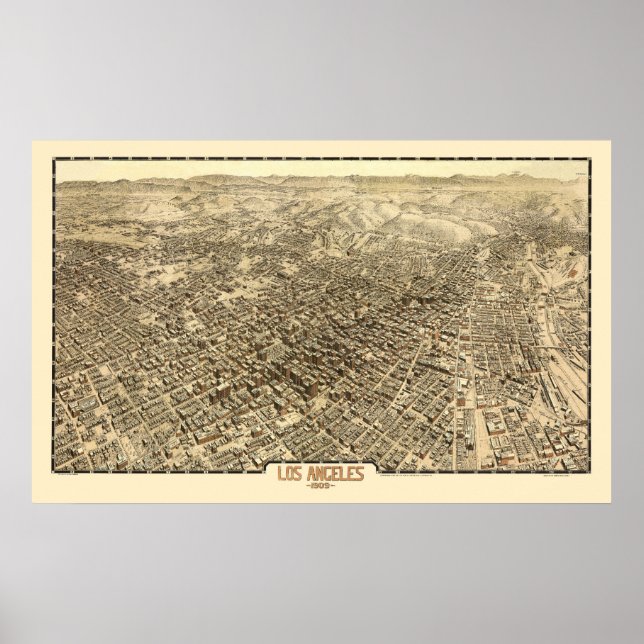 Los Angeles, CA Panoramic Karta - 1909 Poster (Framsidan)