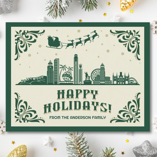 Los Angeles, CA Skyline Glad helg vykort ("happy holidays" Los Angeles, CA skyline holiday christmas postcard modern design Santa green)