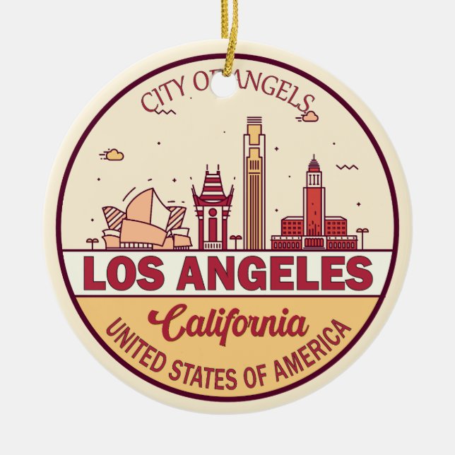 Los Angeles California City Skyline Emblem Julgransprydnad Keramik (Framsidan)