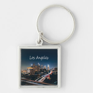 Los Angeles California City Skyline på natten Fyrkantig Silverfärgad Nyckelring