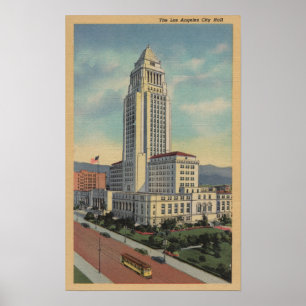 Los Angeles CAView av stadshuset och kabelbilen Poster