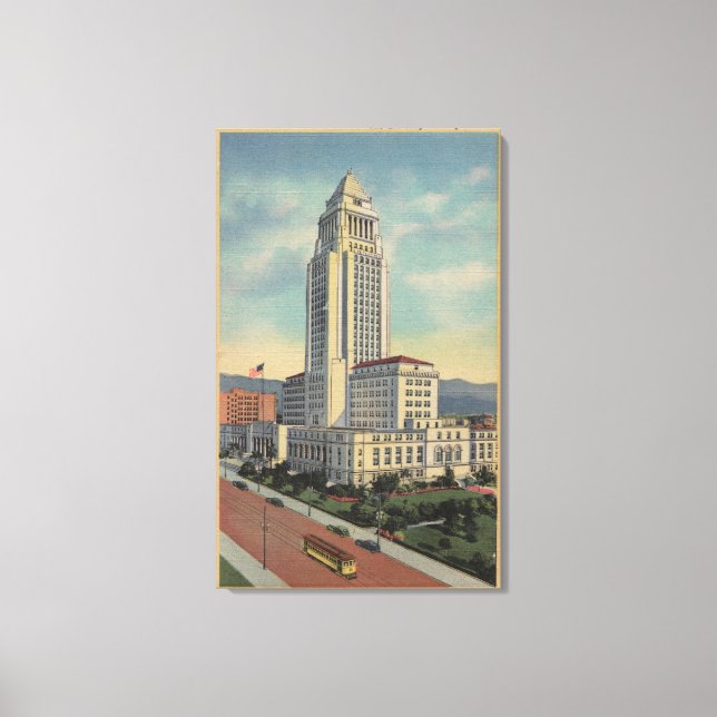 Los Angeles, CAView of City Hall och Cable Car Canvastryck (Framsida)