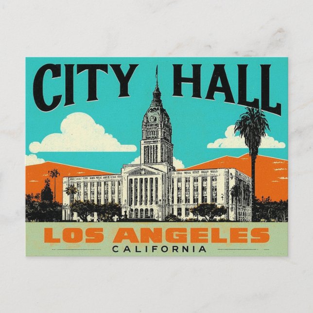 Los Angeles City Hall Retro Art Vykort (Framsida)