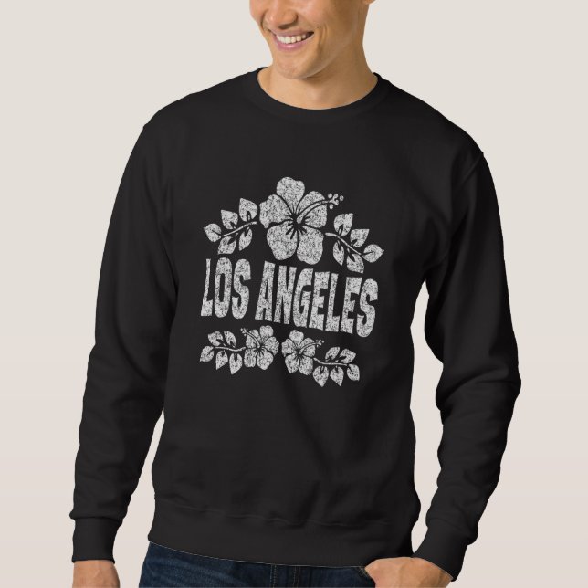 Los Angeles Flowers Distressed White Print Lång Ärmad Tröja (Framsida)
