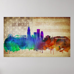 Los Angeles för vattenfärgstad för CA horisont Poster