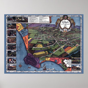 Los Angeles, Kalifornien, Antik Flygkart över Stad Poster