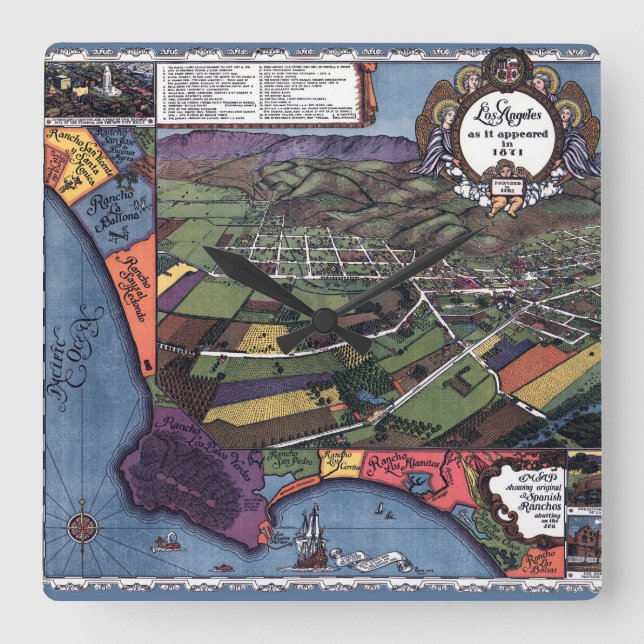 Los Angeles, Kalifornien, Antique Aerial City Kart Fyrkantig Klocka (Framsida)