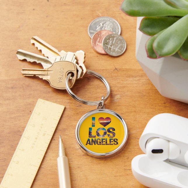 Los Angeles Siluett Solnedgång & Hollywood Typogra Rund Silverfärgad Nyckelring (Skrivbord)