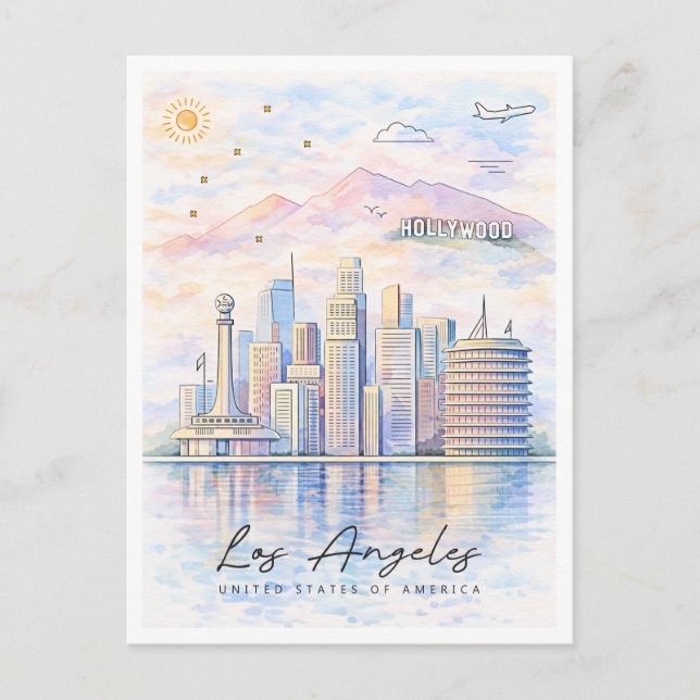 Los Angeles Skyline Akvarell | LA Resa Helg Vykort (Framsida)