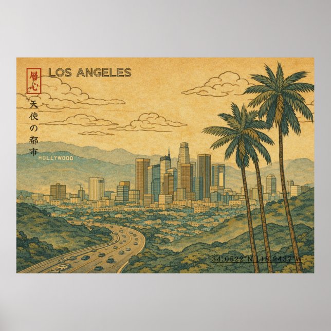 Los Angeles Skyline in Japanese Ukiyo-e Poster (Framsidan)