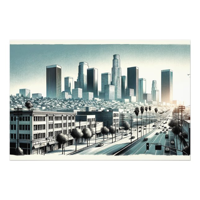 Los Angeles Skyline | Konstnärlig återgivning av v Fototryck (Framsidan)