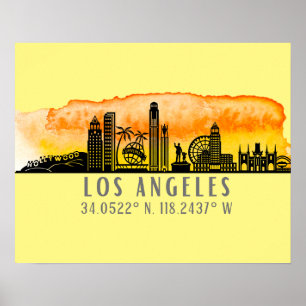 Los Angeles Skyline Latitude och Longitud Poster