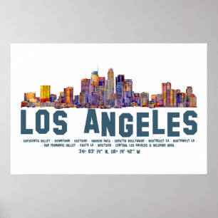 Los Angeles Skyline. Områdesnamn och koordinater Poster