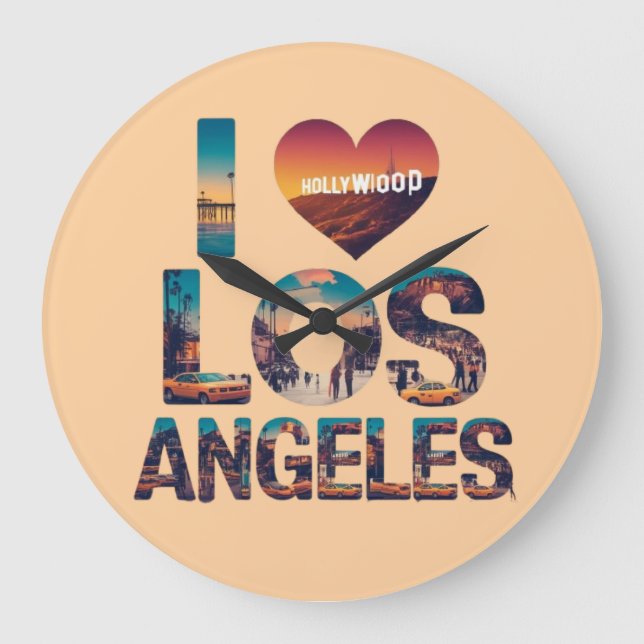 Los Angeles Skyline Sunset & Hollywood Typography Stor Klocka (Framsida)