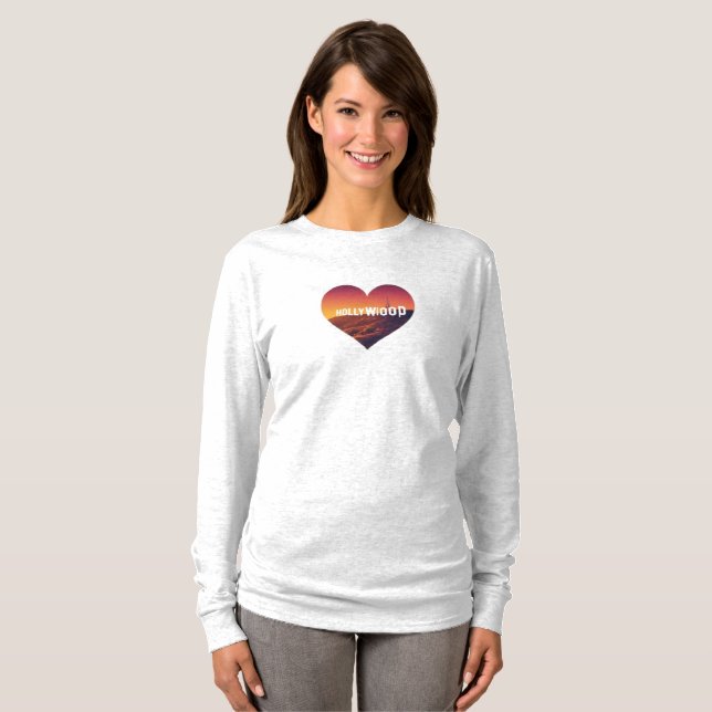 Los Angeles Skyline Sunset & Hollywood Typography T Shirt (Hel framsida)
