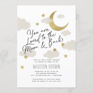 Lös till Guld i Måne och Back Baby Shower Inbjudningar