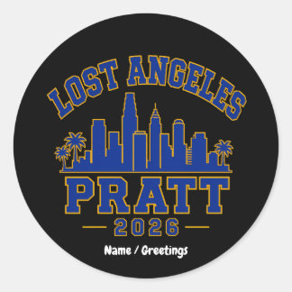 Lost Angeles Pratt 2026 Siluett Varsity Retro Blå Runt Klistermärke