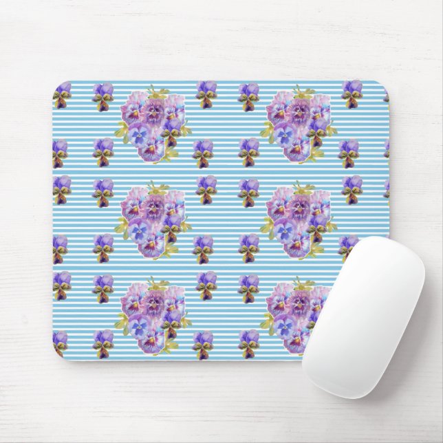 Löst blå pensé blomstripe musmatta pad (Med mus)