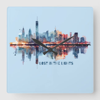 Lost in the Lights - Vattenfärg Stadssilhuett Fyrkantig Klocka