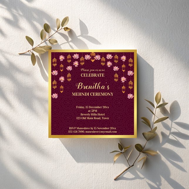 Lotus and Arabian lanternan Indian bröllop mehndi Inbjudningar (Lotus and Arabian lanterns maroon Indian wedding mehndi Invitation template instant dowmmload)