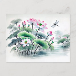 Lotus and Dragonflies Asian Bläck Painting Helg Vykort
