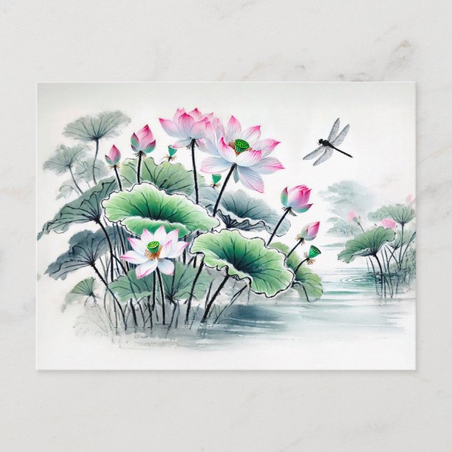 Lotus and Dragonflies Asian Bläck Painting Helg Vykort (Framsida)