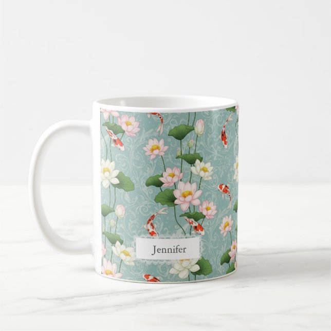 Lotus and Koi fish Beautiful Zen Art Personalized Kaffemugg (Vänster)