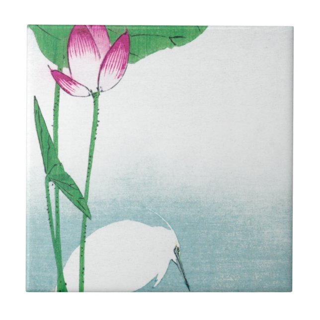 Lotus and White Heron, Koson, Ukiyo-e Kakelplatta (Framsidan)